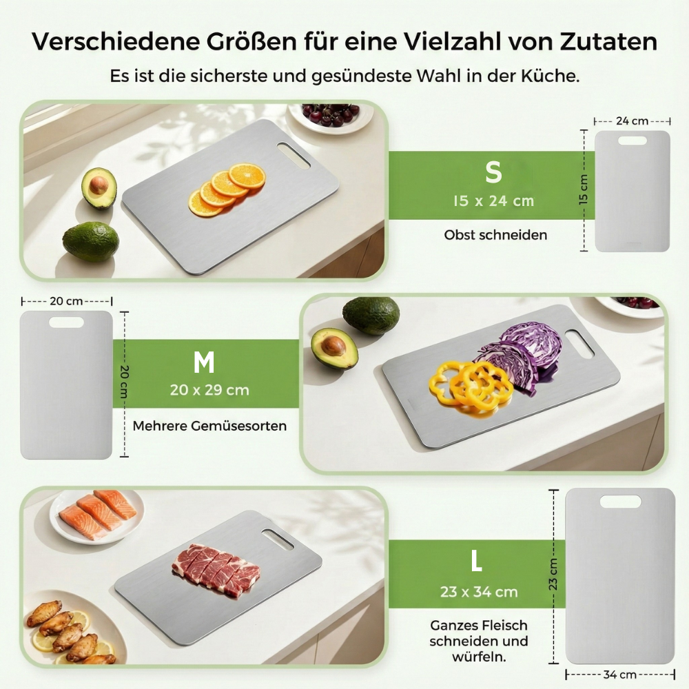 Titan Schneidebrett, Schneidebrett aus 100% Titan für die Küche, Doppelseitige Titanbretter mit getrennten Bereichen für Rohkost und Gekochtes, giftfrei, spülmaschinenfest (S+M+L)